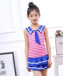 Kids' Swimsuit Girls' one-piece skirt Flat corner Big Kids' swimsuit Navy style student girls' swimsuit