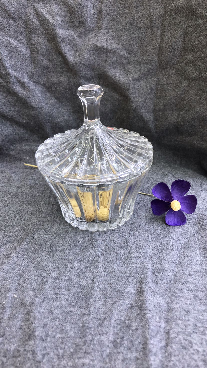 水晶糖果盅 条纹玻璃甜点盒干果罐点心水果盘果斗储物罐