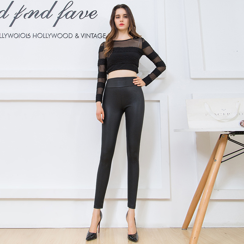 2018 Spring high-waisted leggings, petite pants, thin fleece and fleece long pants, PU diamond leather pants manufacturer wholesale