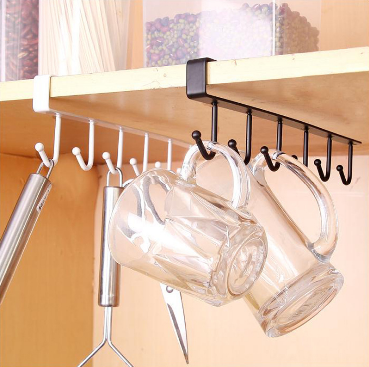 Kitchen ironwork seamless nail-free hook cabinet storage hanging rack, multi-functional row hook wardrobe 6-hook organization rack