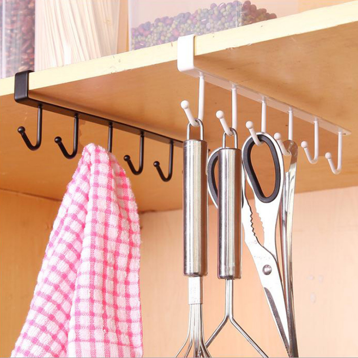 Kitchen ironwork seamless nail-free hook cabinet storage hanging rack, multi-functional row hook wardrobe 6-hook organization rack details Picture