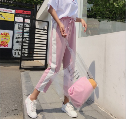 8 Spring and summer new slimming contrast color white border nine minute sports pants loose satin casual pants