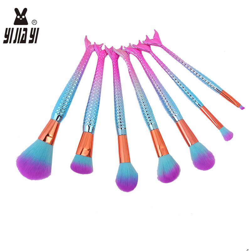 Mermaid Makeup Brush Set, 7-piece foundation brush, beauty set brush, beauty tools, eyeshadow, blush, long rod, universal details Picture