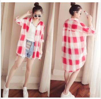 Medium long loose long-sleeved plaid shirt women's cotton linen blouse with sunblock shirt shirt