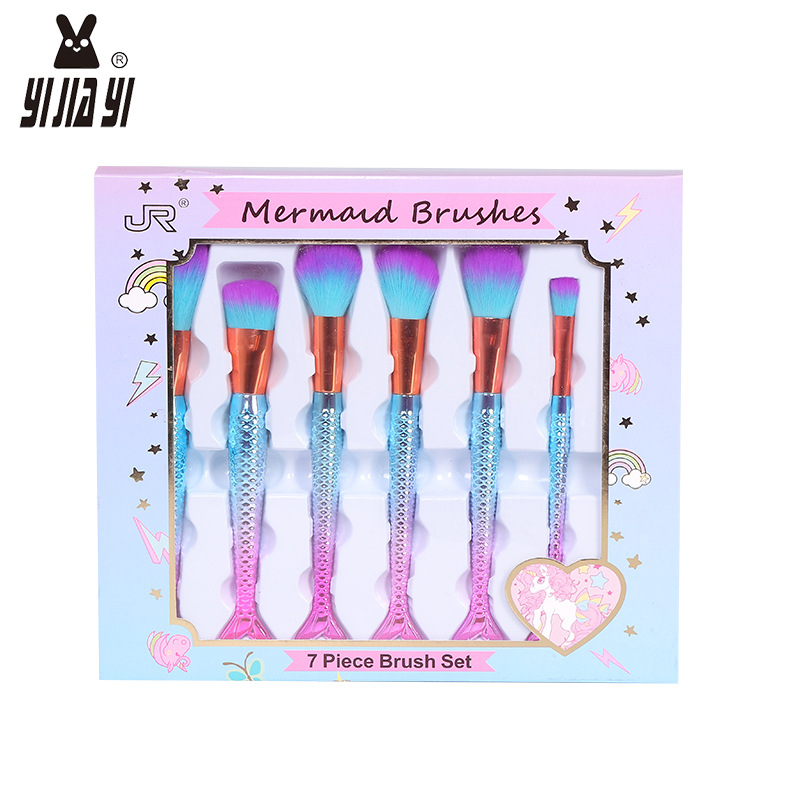 Mermaid Makeup Brush Set, 7-piece foundation brush, beauty set brush, beauty tools, eyeshadow, blush, long rod, universal
