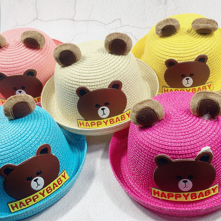 New south Korean summer straw hats for children big Bear straw hats cartoon animal hats baby boys and girls South Korean basin hats