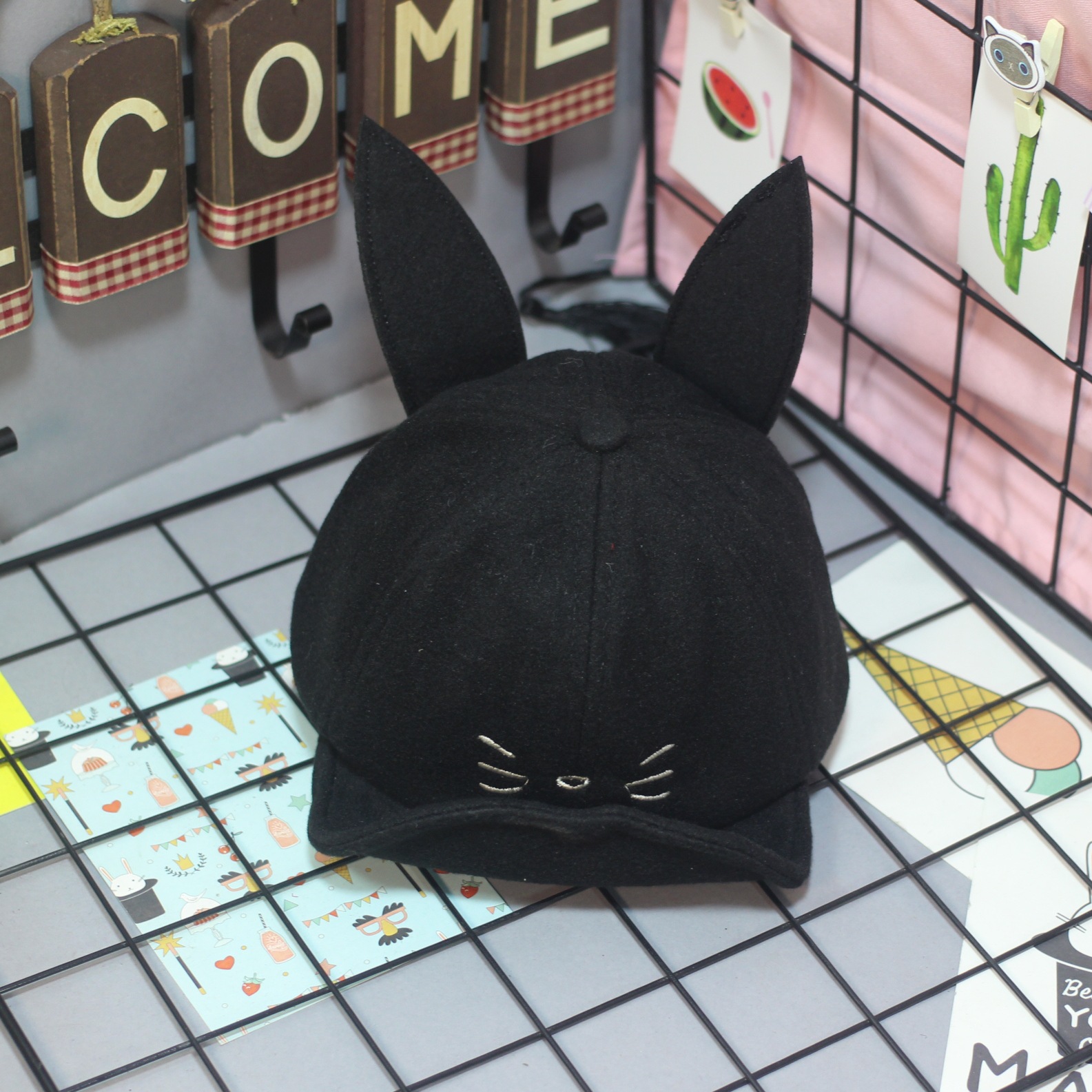 义乌好货 新款韩版百搭儿童毛呢猫咪鸭舌帽男女宝宝礼帽帽子细节图