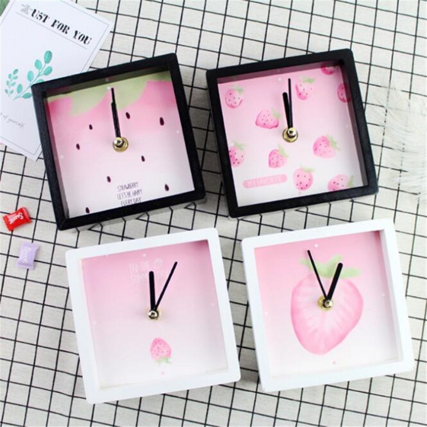 ins风草莓乐园木质方形闹钟草莓闹钟