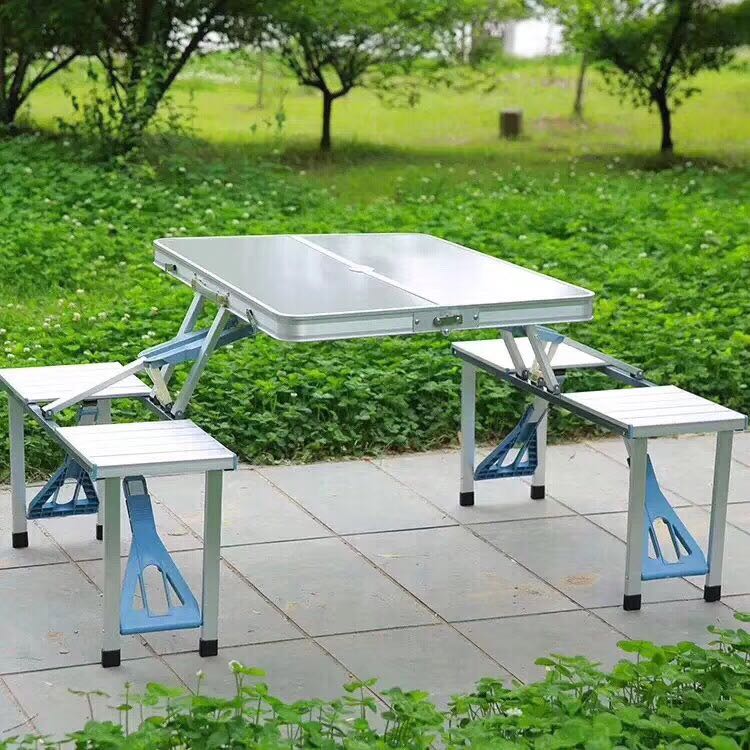 Folding table and chair Aluminum alloy portable outdoor dining table and chair conjoined outdoor barbecue table
