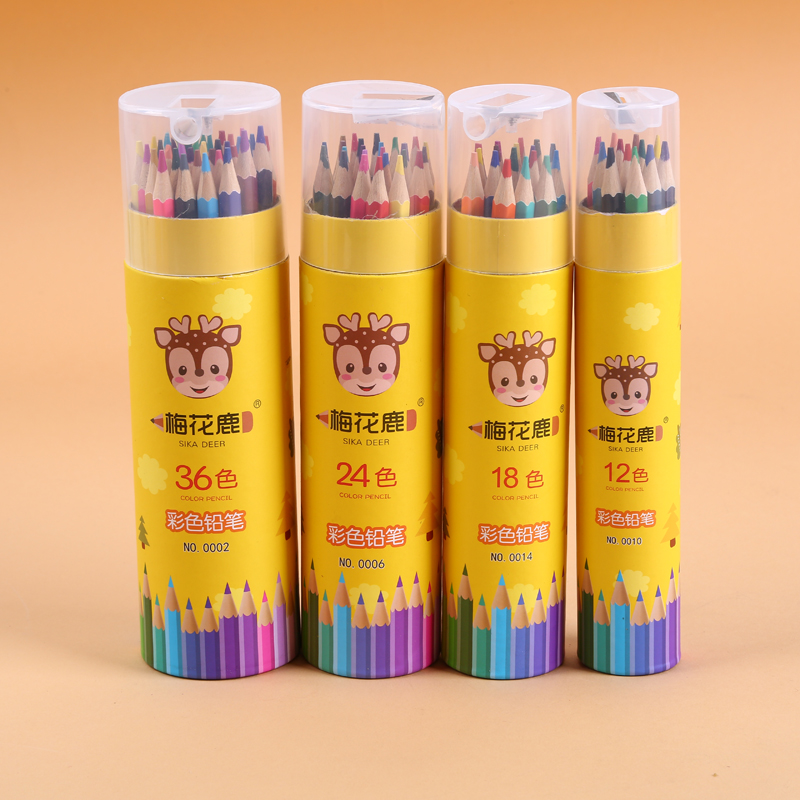 梅花鹿品牌彩色铅笔 12色18色24色36色筒装绘画铅笔套装