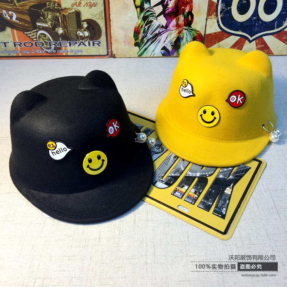 义乌好货 儿童贴标字母笑脸秋冬毛呢帽铁环珍珠宝宝时尚爵士帽