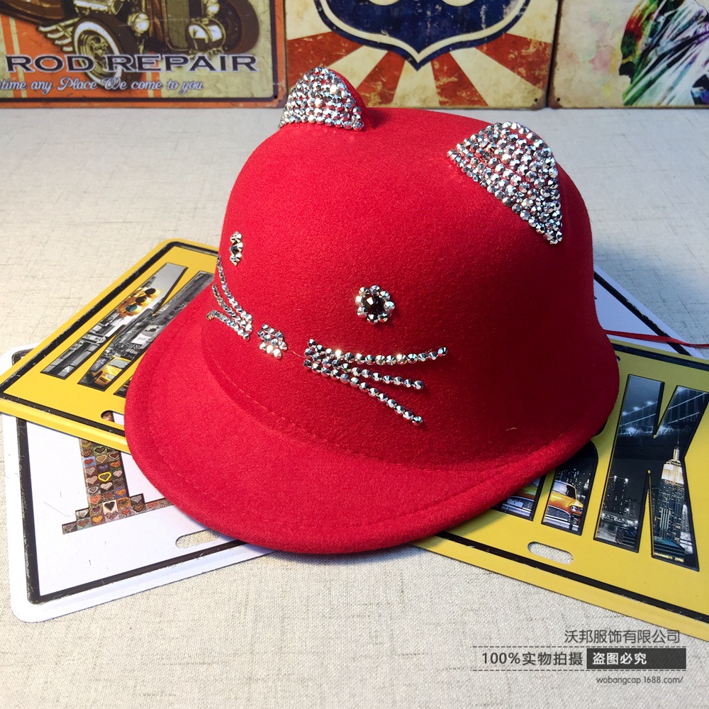 Yiwu Selection children point drill cartoon cat Qiu Dong wool felt hat Han edition men's and girls' fashionable jazz hat