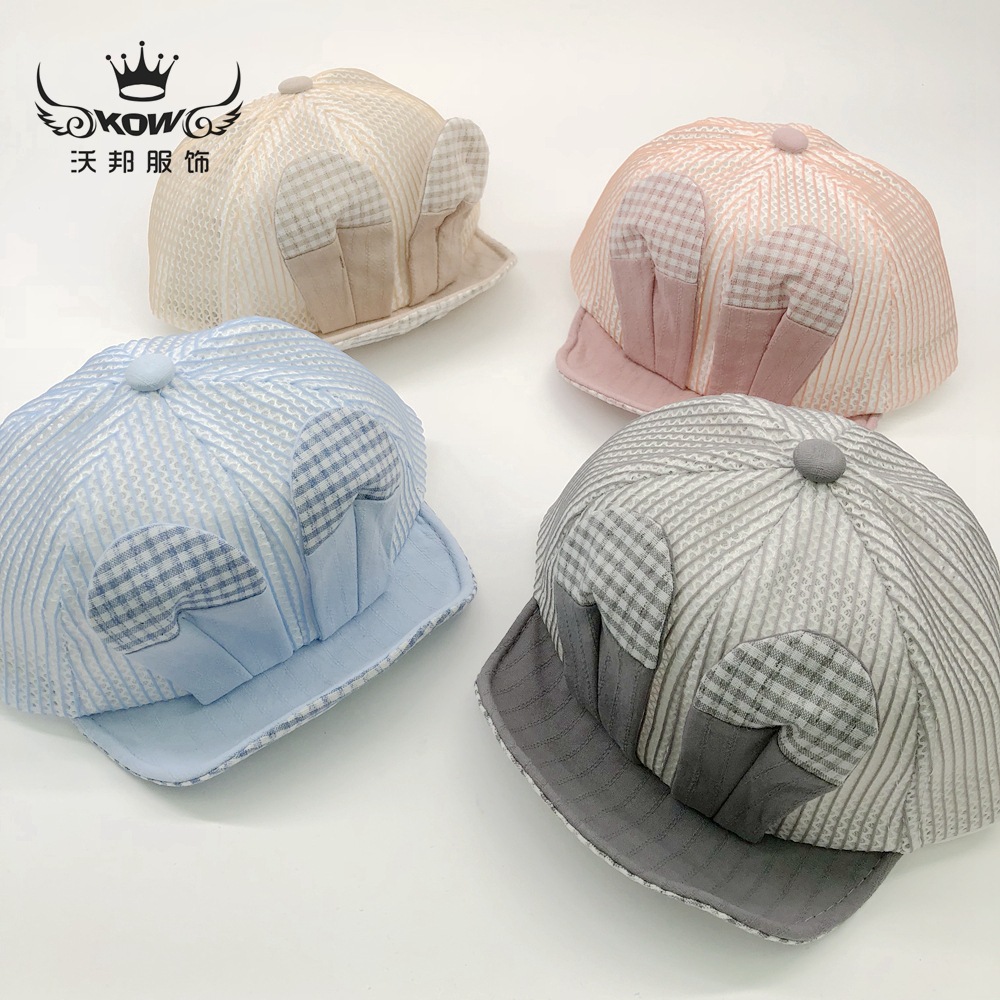 Yiwu Selection hat spring new rabbit ears stripes cap soft brim boys and girls baby sun mesh hat thumbnail