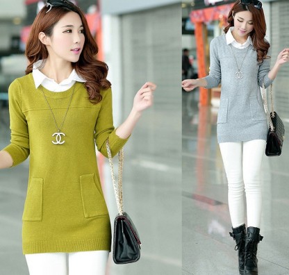 Korean version slim-fit fake two knitted shirt long shirt collar long sleeve pullover sweater woman