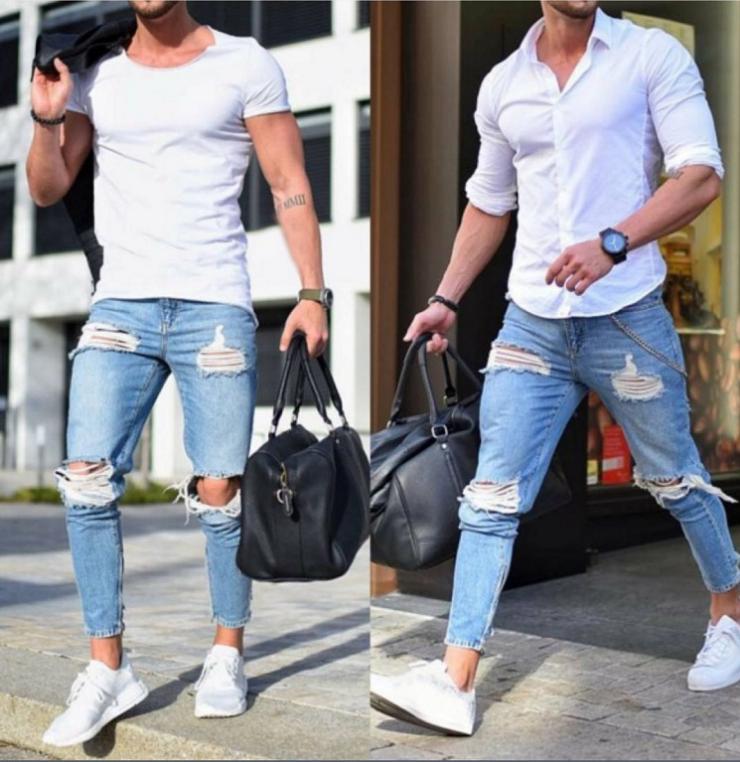 Cross-border new explosive Amazon Europe and the United States trend men's jeans light color holes trend small feet thumbnail