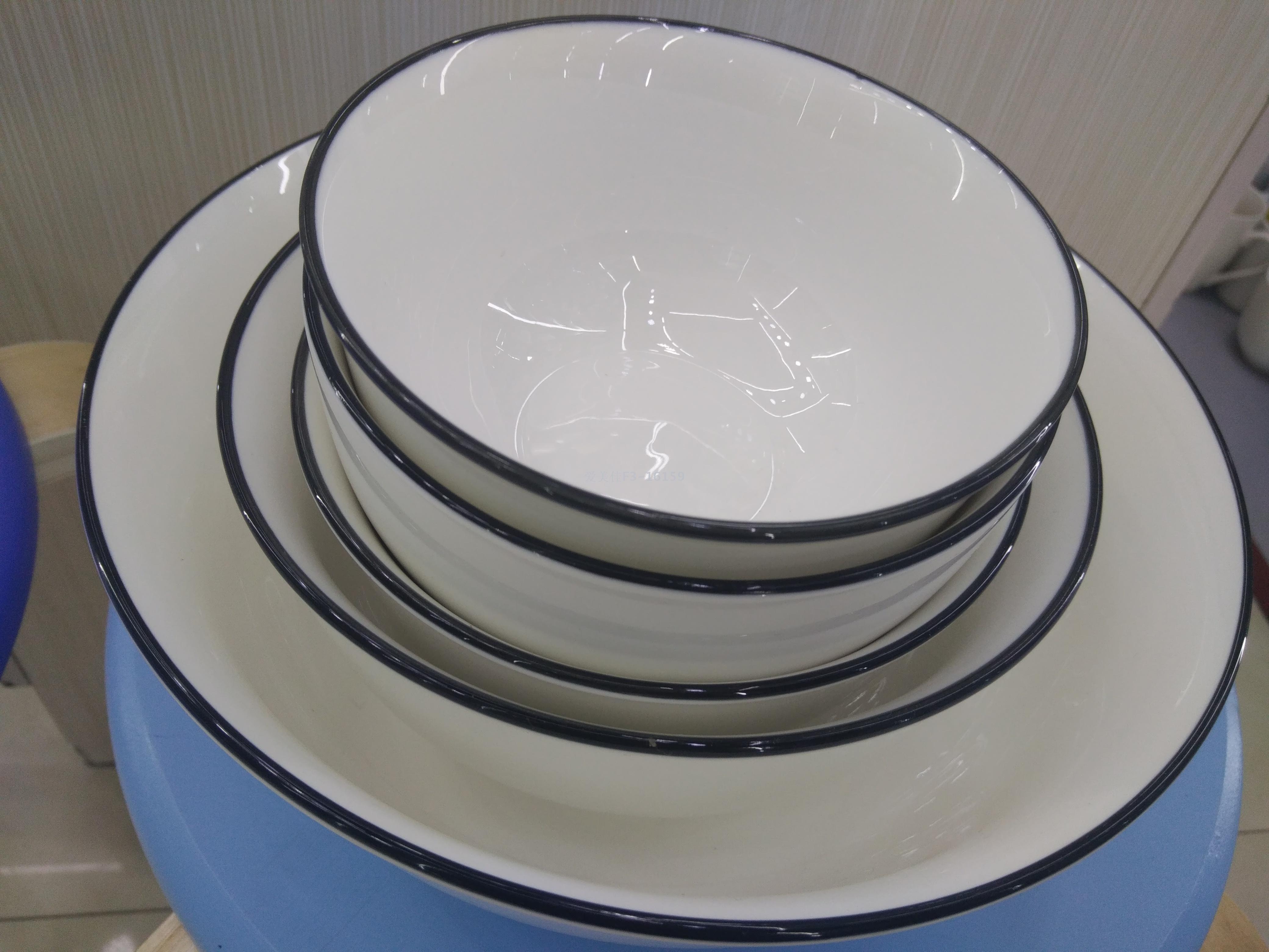 4.5-5-6-8 inch high white and black border bowls