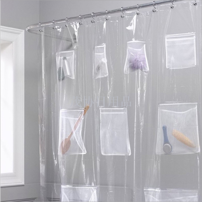 PEVA semi-transparent shower curtain with pockets provides a multi-functional bathroom with waterproof and thickened pockets