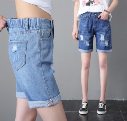 New denim shorts worn out denim shorts women's hipster elastic-waisted jeans