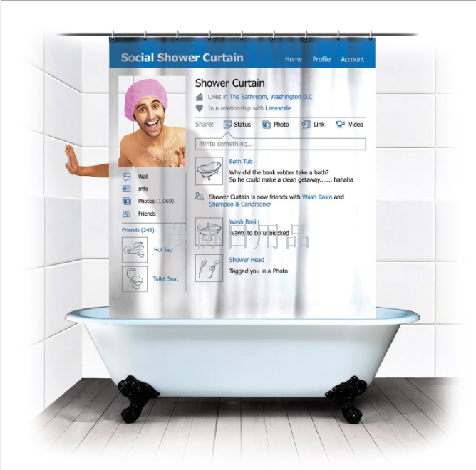 Facebook shower curtain PVCl Blue window polyester printed shower curtain bathroom hanging curtain