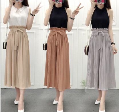Chiffon pleated high-waisted belt wide-leg pants women's pleated nine-point bottom flare pants