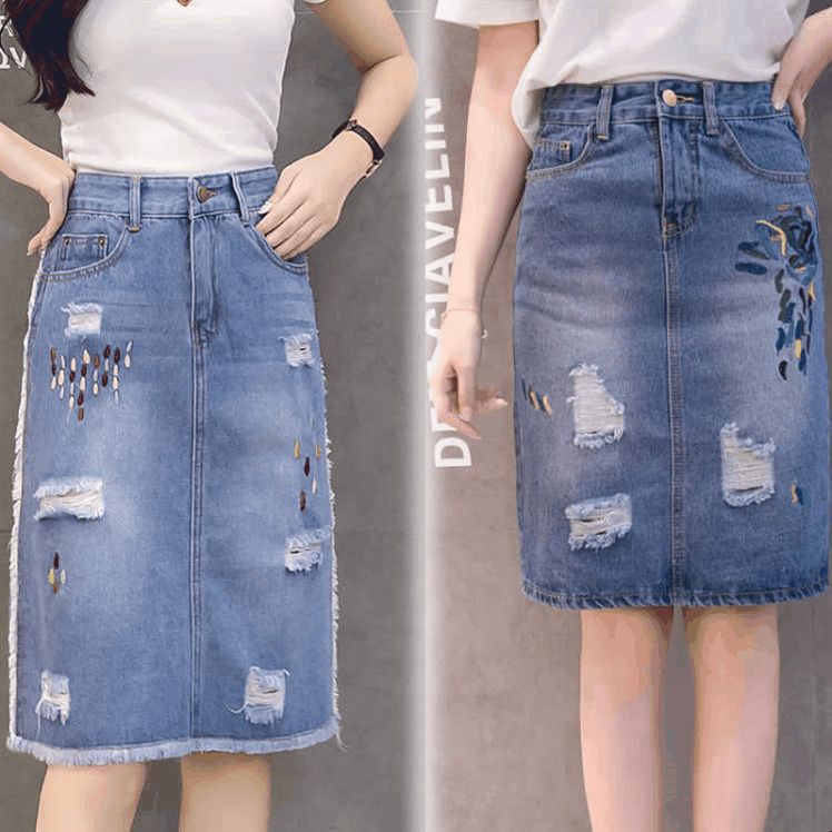 High-waisted denim skirt female autumn winter hole Korean version of mid-length after slit one-step skirt loose slimming