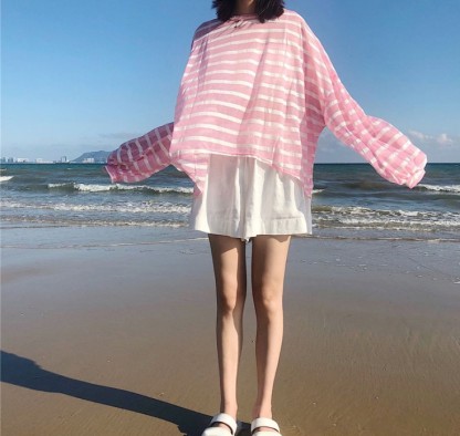 Summer new Korean style loose, versatile and slimming thin striped long-sleeved T-shirt sun protection clothing details Picture