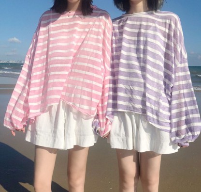 Summer new Korean style loose, versatile and slimming thin striped long-sleeved T-shirt sun protection clothing