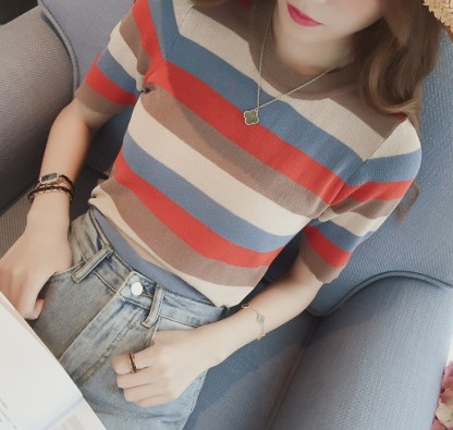 Han Fan All match striped ice silk T-shirt women's short-sleeved crew neck slim knit top