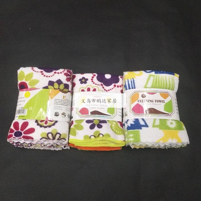 新款5pcs超细纤维印花抹布厨房去污不沾油不掉毛 洗碗巾批发