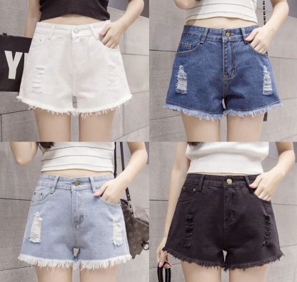 Ripped denim shorts women's summer hundred high-waisted baggy A line wide leg hot pants