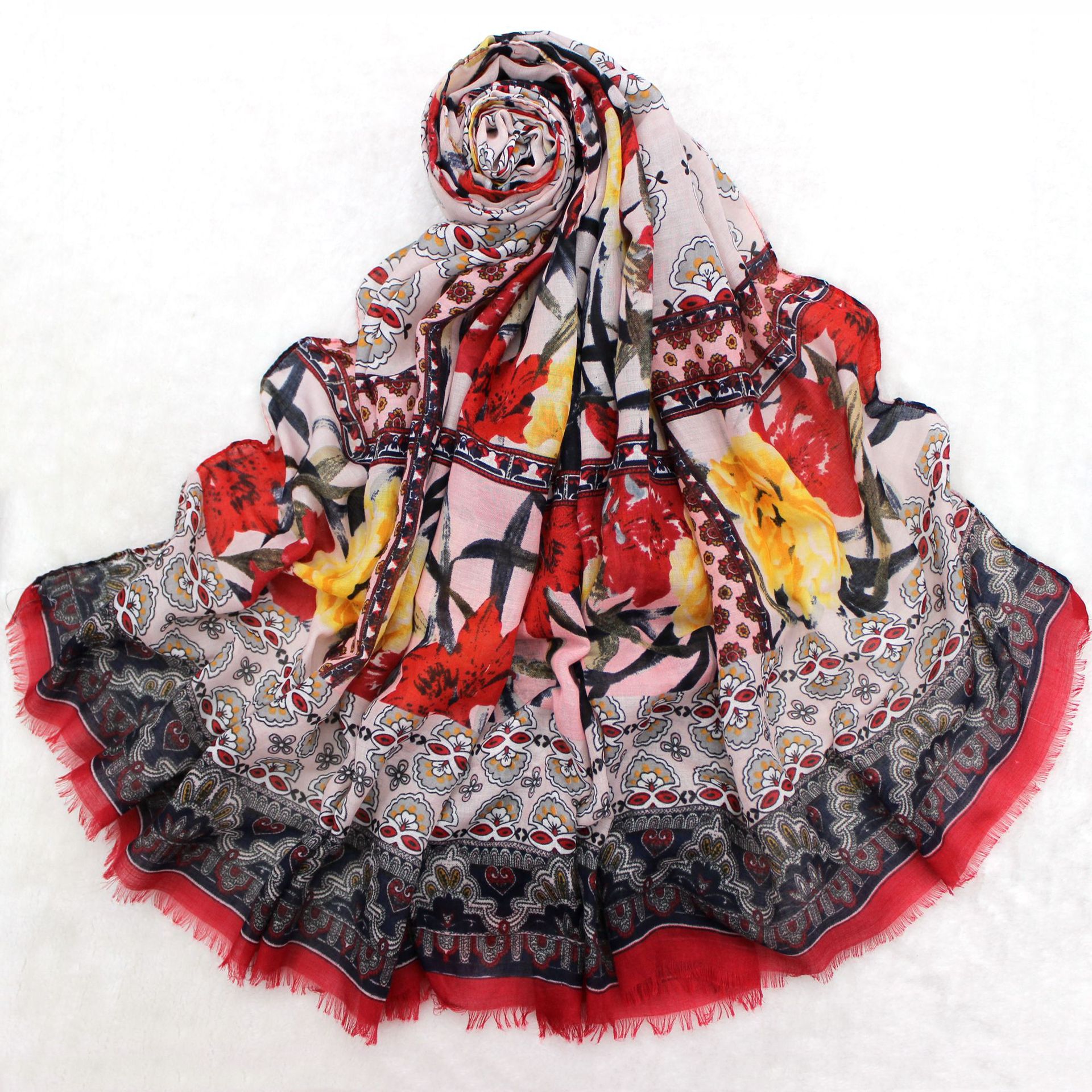 The new silk satin cotton printed scarf wholesale national wind flower printed scarf shawl thumbnail