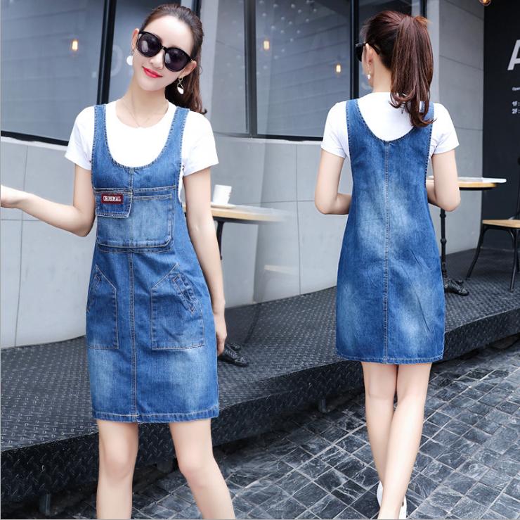 2018 new denim backstrap dress women's summer medium loose plus size slimming middress