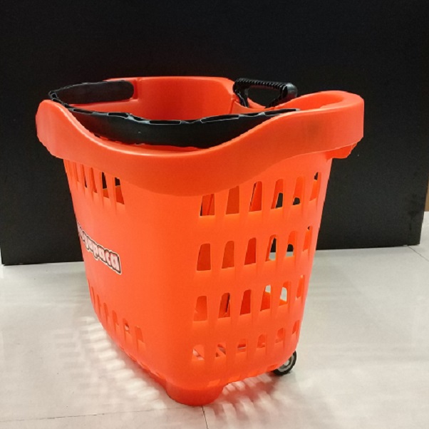 Supermarket shopping basket Plastic basket two-wheel pull rod Apple handle shopping basket 55L Specification drawing