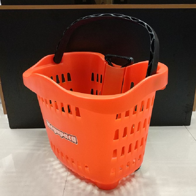 Supermarket shopping basket Plastic basket two-wheel pull rod Apple handle shopping basket 55L details Picture