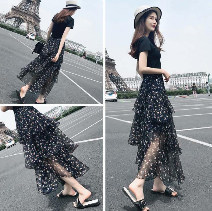 Floral chiffon long dress Summer 2018 New Fashion two-piece set for women Korean style