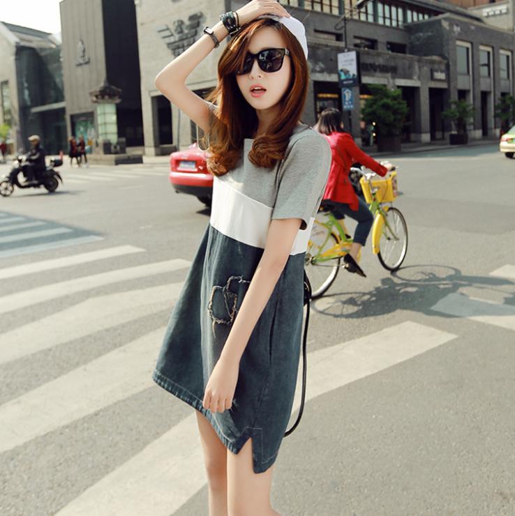 2018 summer new Korean black and white patchwork slim denim dress Specification drawing