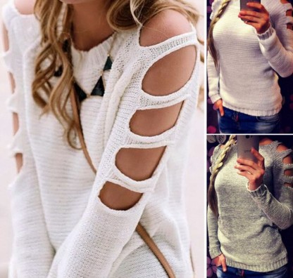 New solid color crew neck pullover sweater sexy hollow long sleeve knit bottom sweater woman