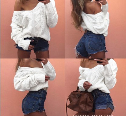 European and American patchwork grits solid color sweater women's V-neck white knit sweater