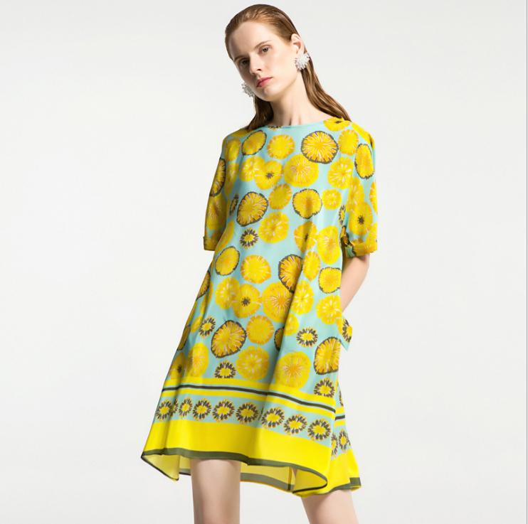 2018 plus size summer new European and American fashion printing 100% silk silk loose dress