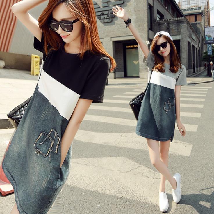 2018 summer new Korean black and white patchwork slim denim dress full figure