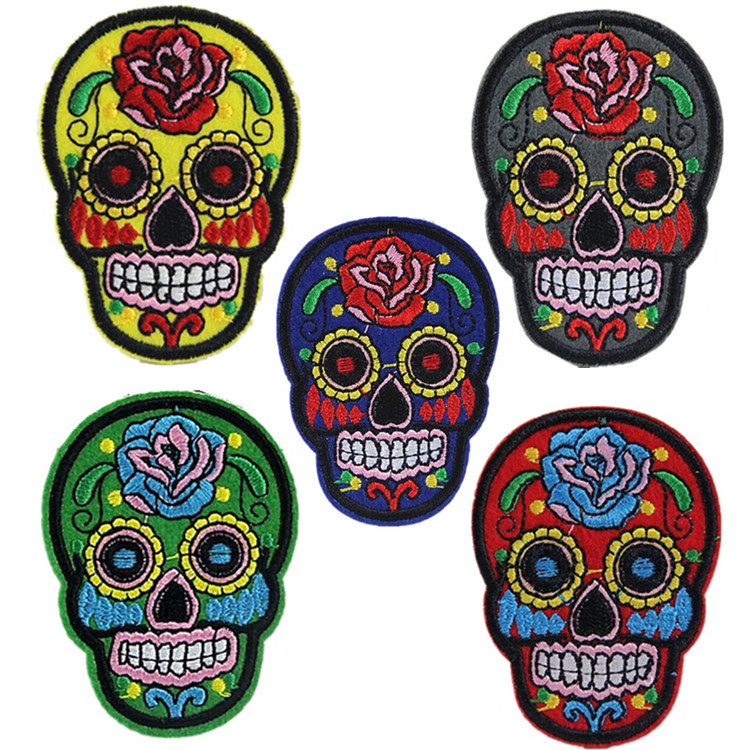 Close-up of colorful skull embroidery details