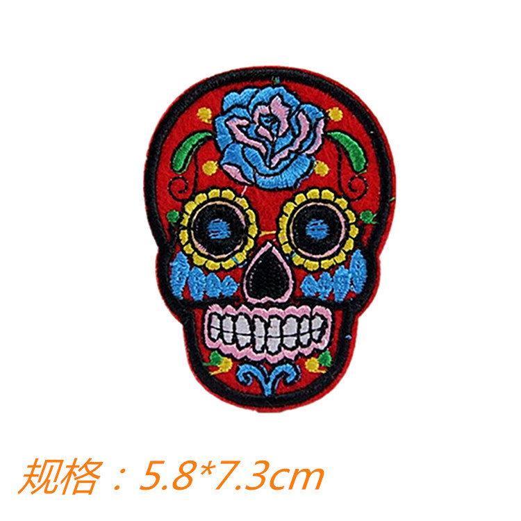 Skull patches applied to various bags and clothing items