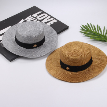 Spring summer children's retro gold braided straw hat Little Bee Lady Parent-child large eaves sun protection travel sunshade flat top hat thumbnail