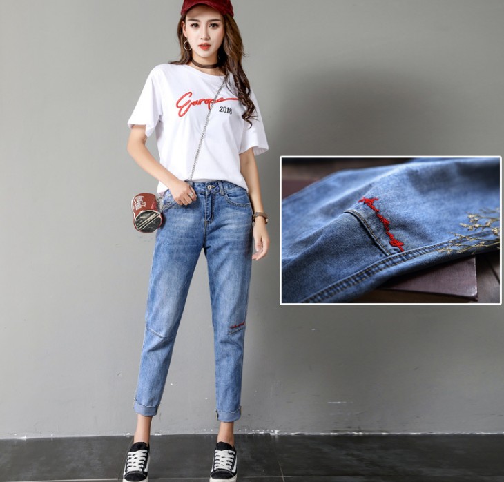 New 9-inch jeans, women's loose wide-leg embroidered jeans, women's rolled-up pants, Korean style