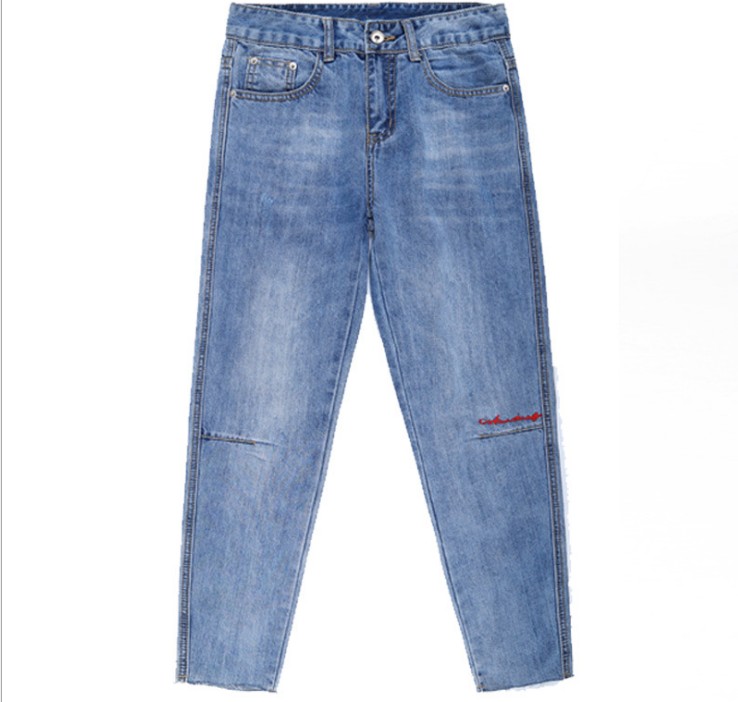 New 9-inch jeans, women's loose wide-leg embroidered jeans, women's rolled-up pants, Korean style details Picture