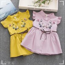 2018夏季公主裙新款0-3岁儿童裙刺绣桃花短袖裙腰带童裙
