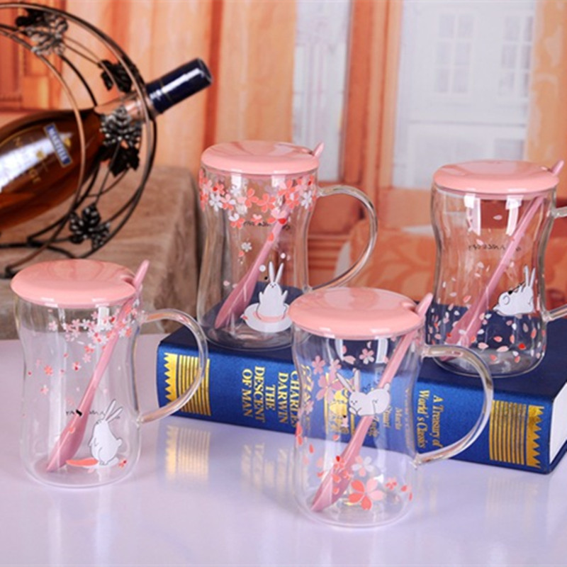 厂家直销 樱花兔子高硼玻璃杯水杯牛奶杯带盖带勺