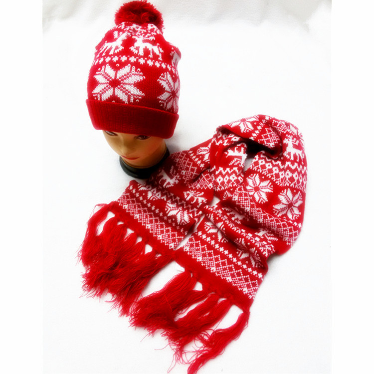 Korean autumn and winter new style knitted cap thickened warm Christmas deer snowflake ear cap tassel hat scarf set