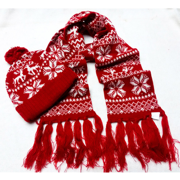 Korean autumn and winter new style knitted cap thickened warm Christmas deer snowflake ear cap tassel hat scarf set details Picture