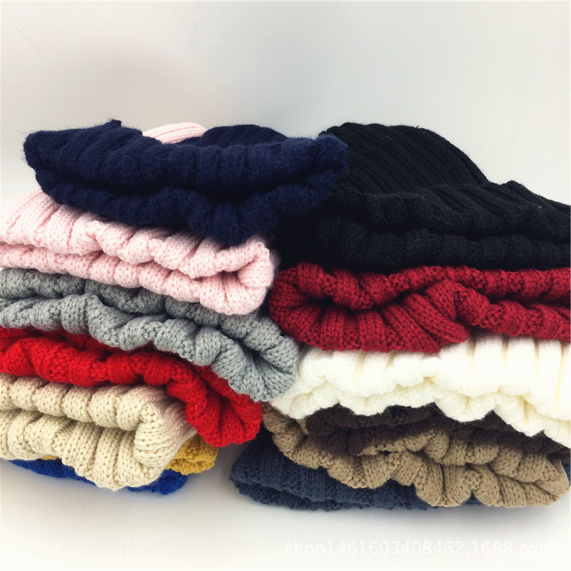 2017 Korean-style women's autumn and winter new rolled-up single-color knitted woolen hat, outdoor warm parent-child hat details Picture
